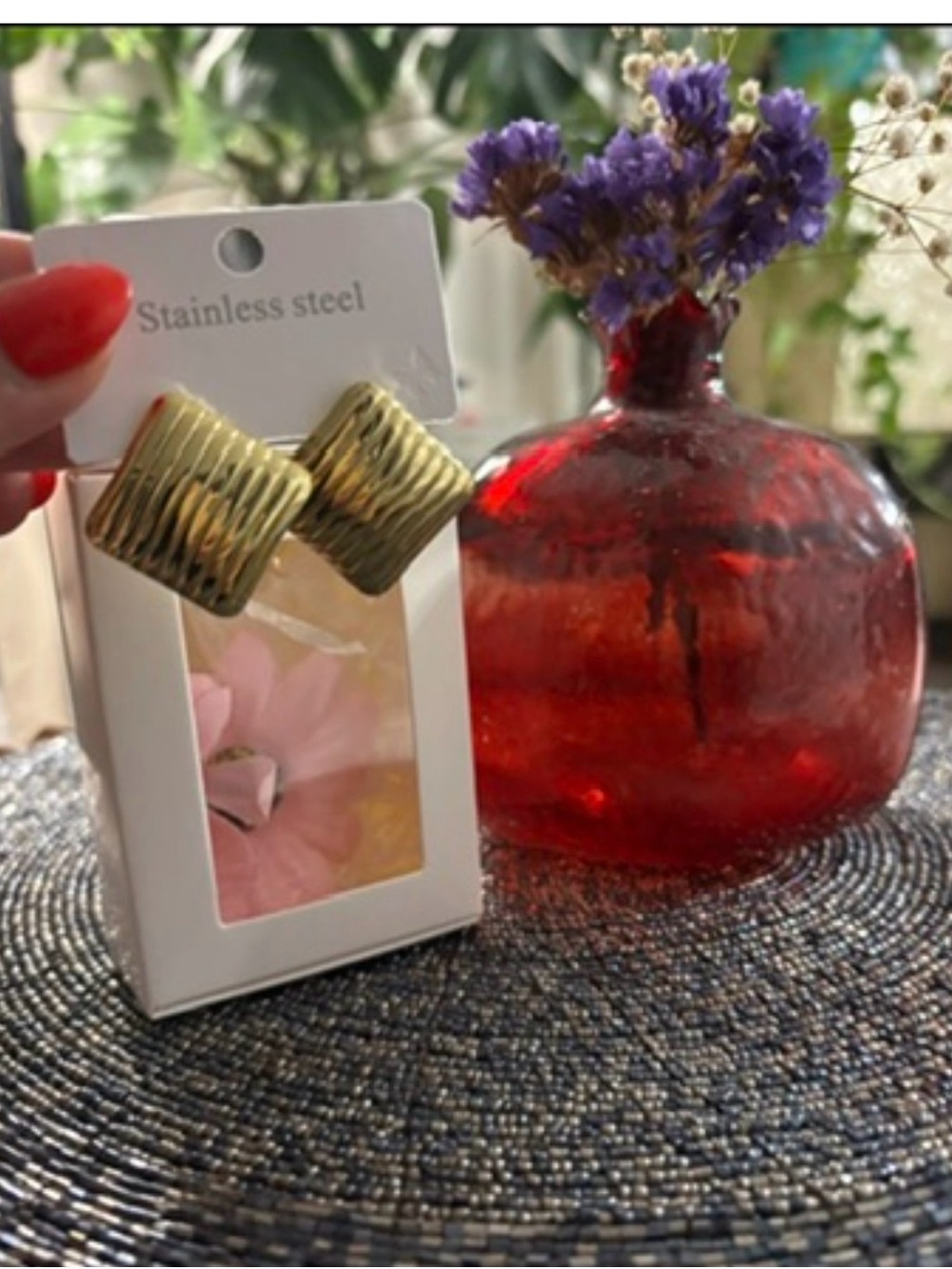 Stainless Steel Gold Square Ripple Stud Earrings